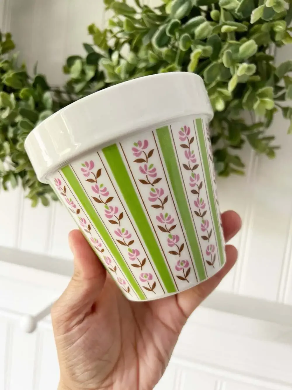Vintage Floral Striped Ceramic Plant Pot